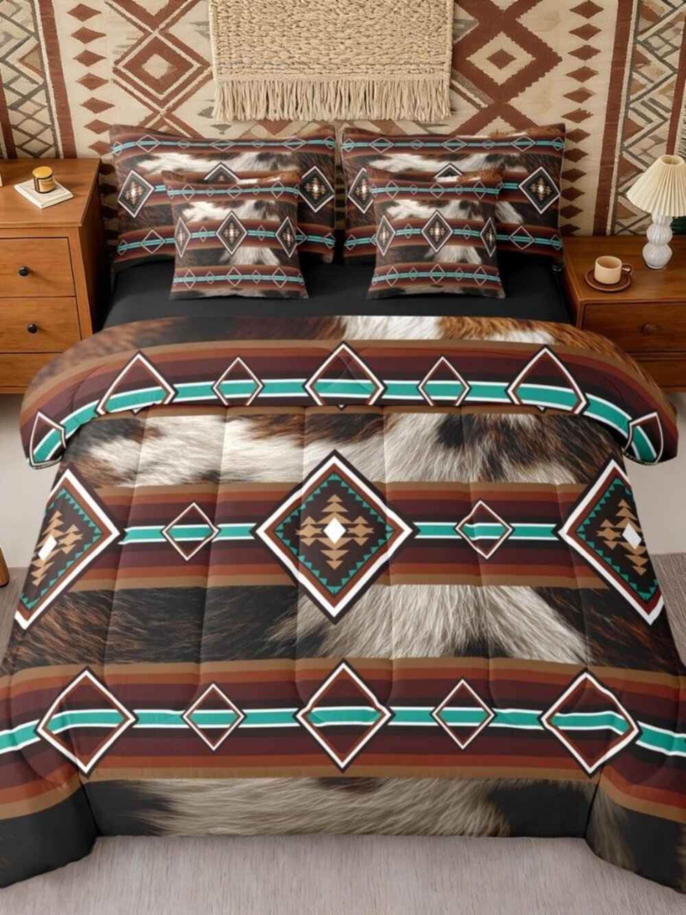 Western Stripes Reversible 7 Pieces Comforter Set King Size,Vintage Brown